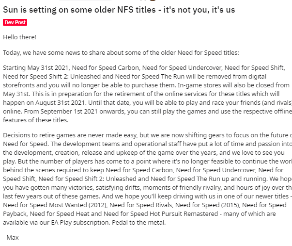 Berbagai Game Need For Speed Klasik Dihapus Secara Tiba Tiba 